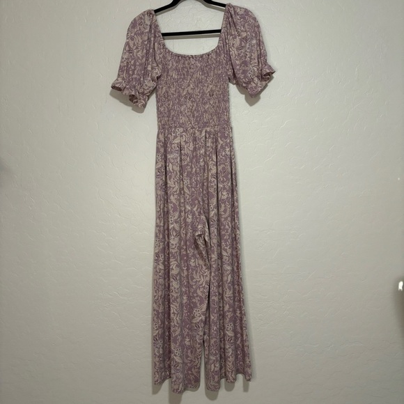 Wayf Violet Floral Ruffle Puff Sleeve Smocked Boho Cropped Wide Leg Jumpsuit XS - Picture 4 of 10